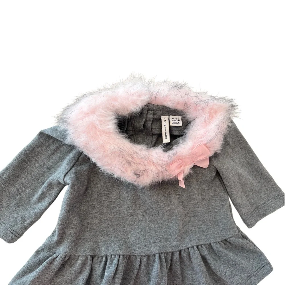 Janie and Jack Gray Long Sleeve Top with Pink Faux Fur Collar & Bow | Baby 12M